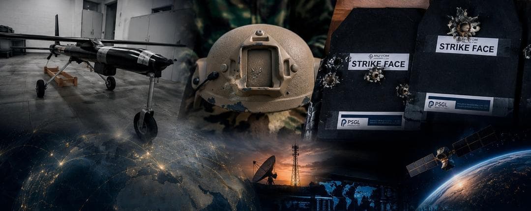 Anuvyom and PSGL aerospace and defence technology collage featuring a UAV, protective equipment, satellite communications and a command centre