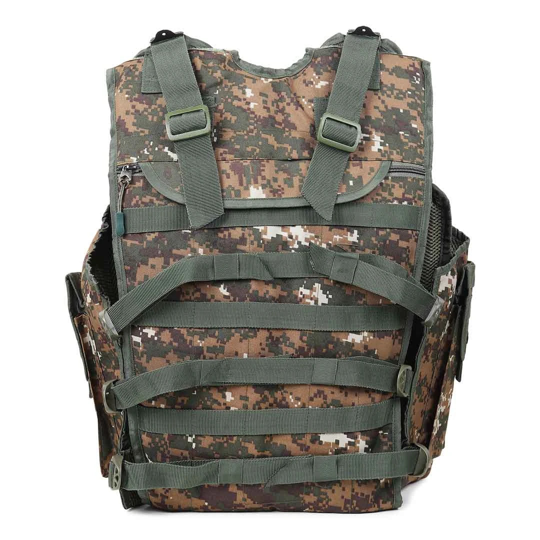 Back view of tactical vest showing MOLLE system and gear compartments