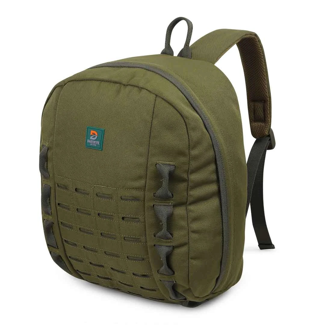 Side view of military-grade tactical bag with compartments