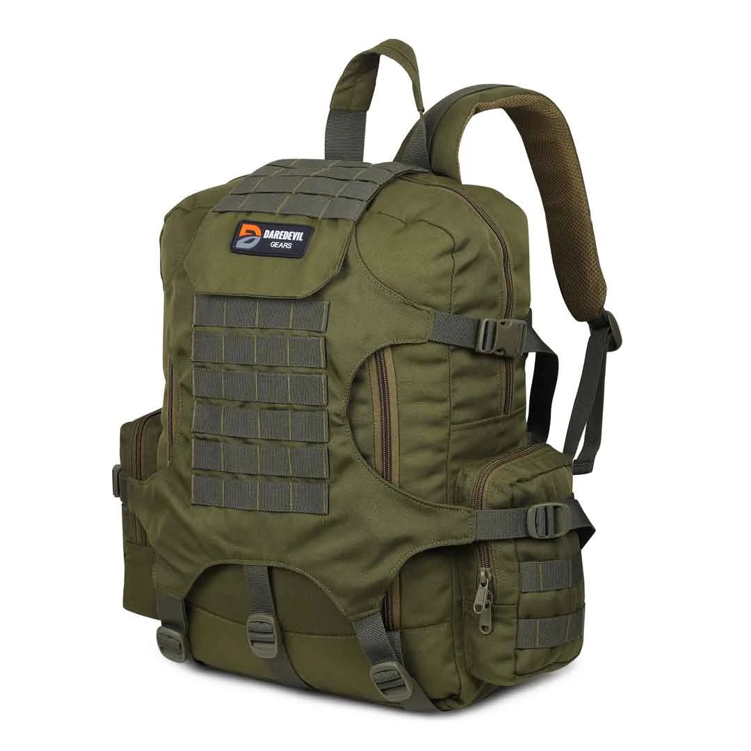 Side view of combat bag with attached waist pouch and storage