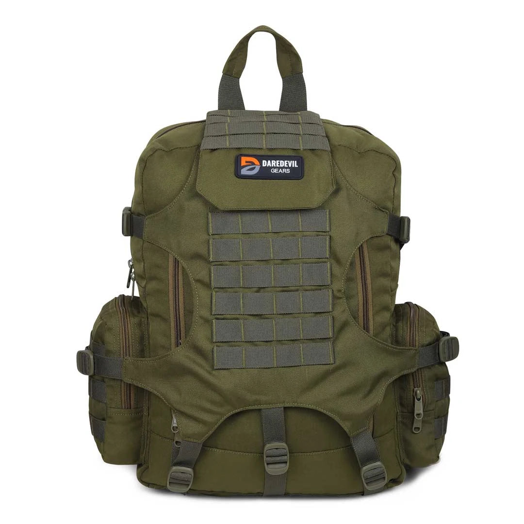 Tactical olive green combat bag front view with MOLLE system