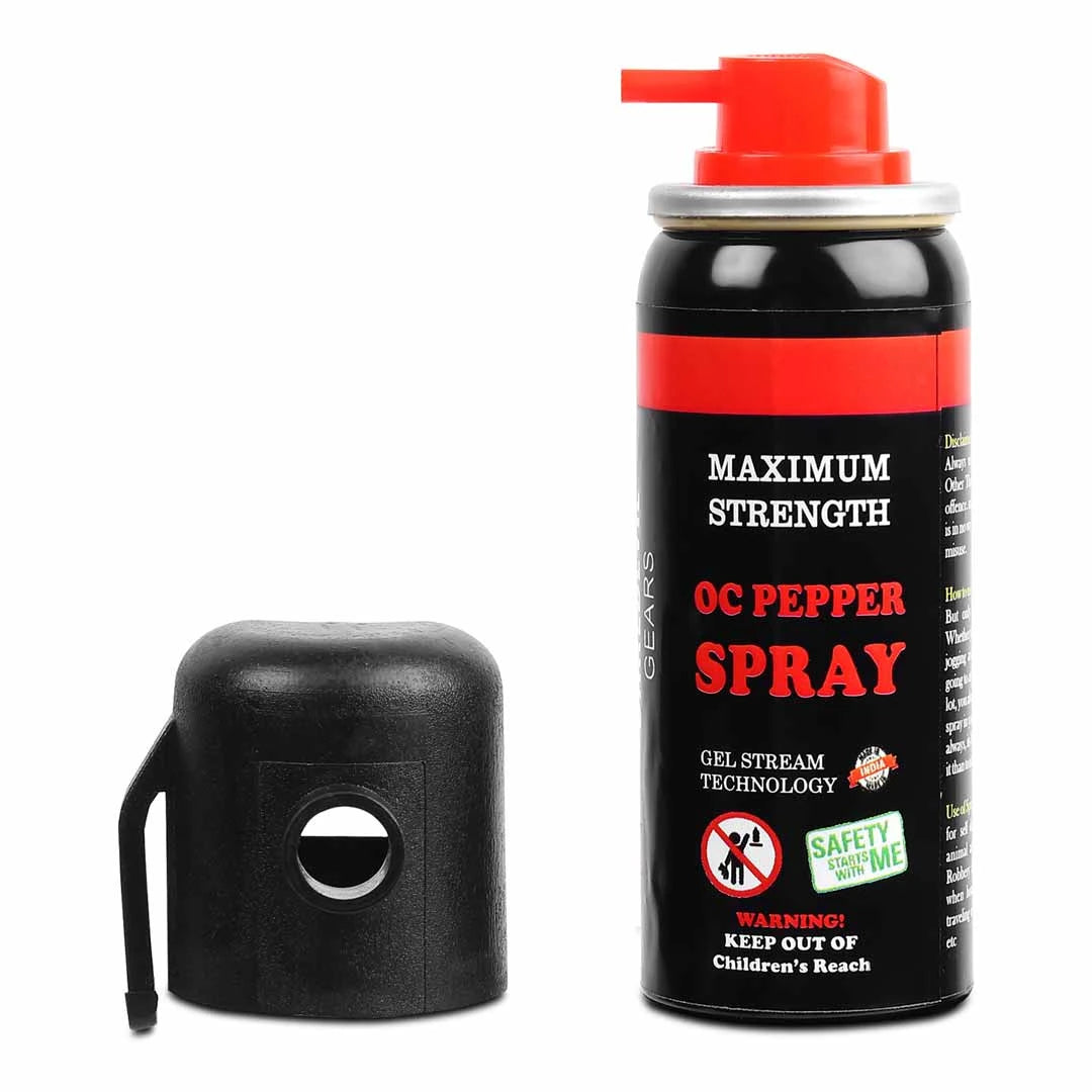 Front view of compact pepper spray bottle with safety nozzle