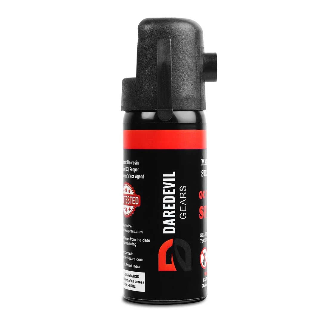 Close-up of legal and certified stamp on pepper spray canister